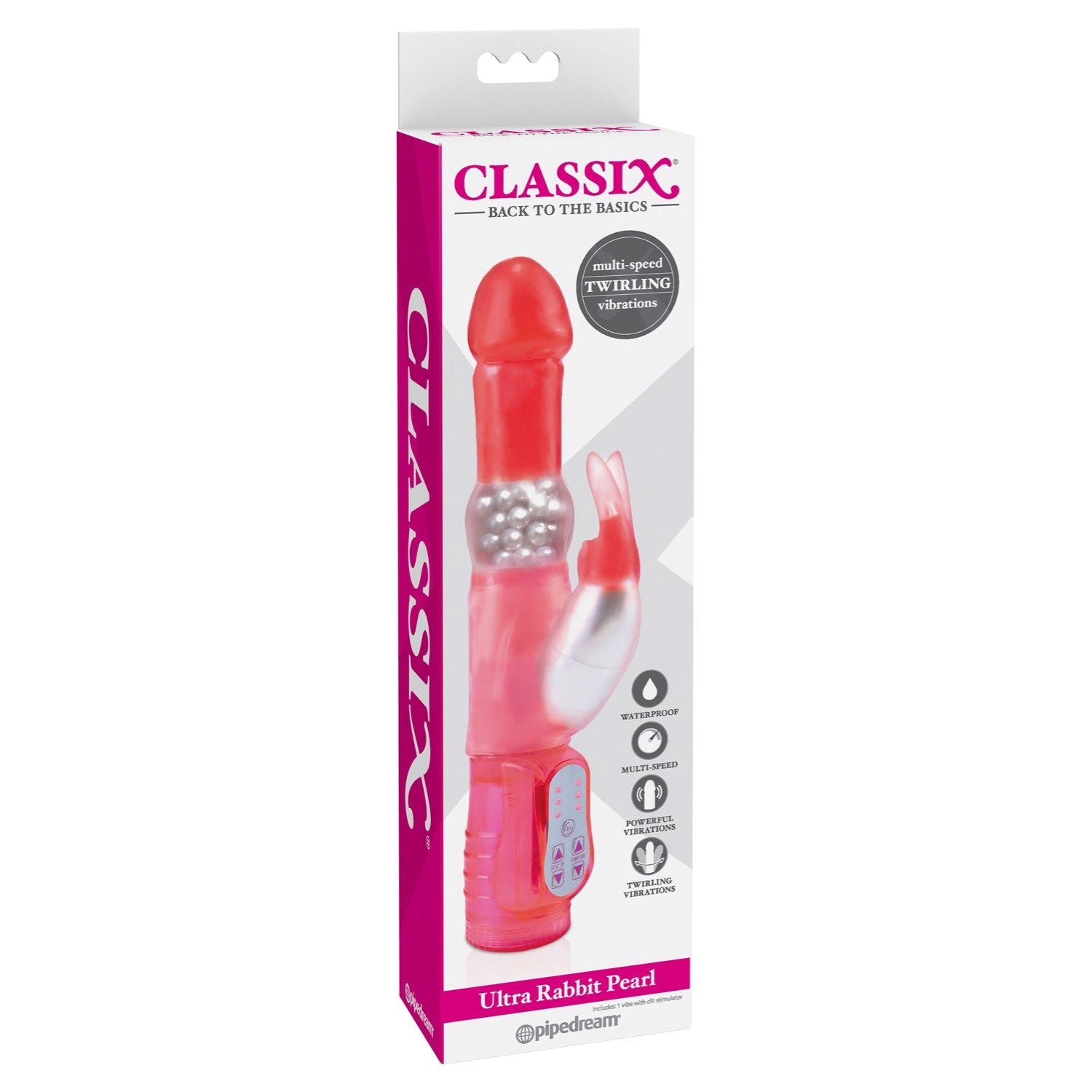 Classix Ultra Rabbit Pearl - Pink 10&quot; Pearl Vibrator with Rabbit Clit Stimulator by Pipedream