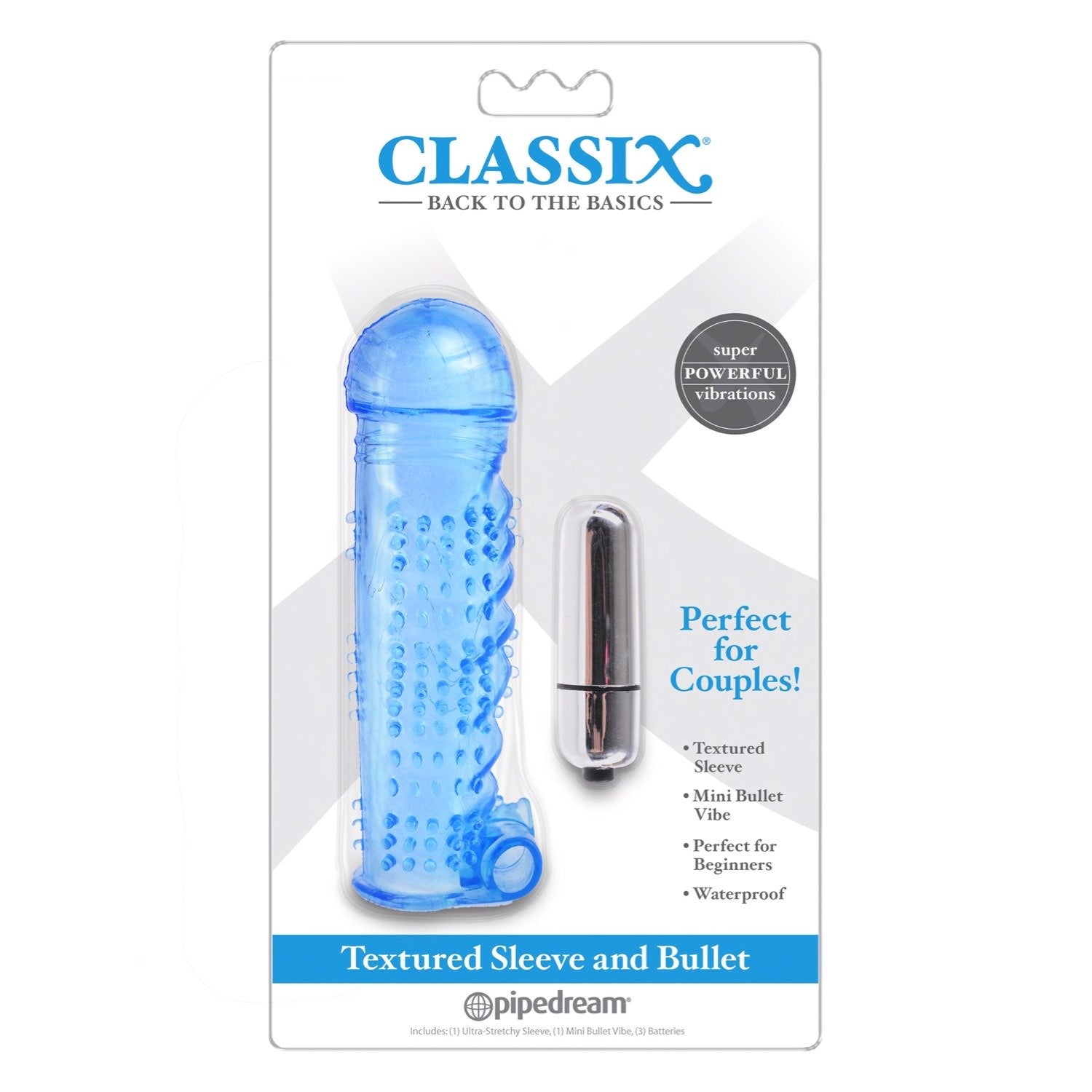 Classix Textured Sleeve &amp; Bullet - Blue Penis Sleeve with Bullet by Pipedream