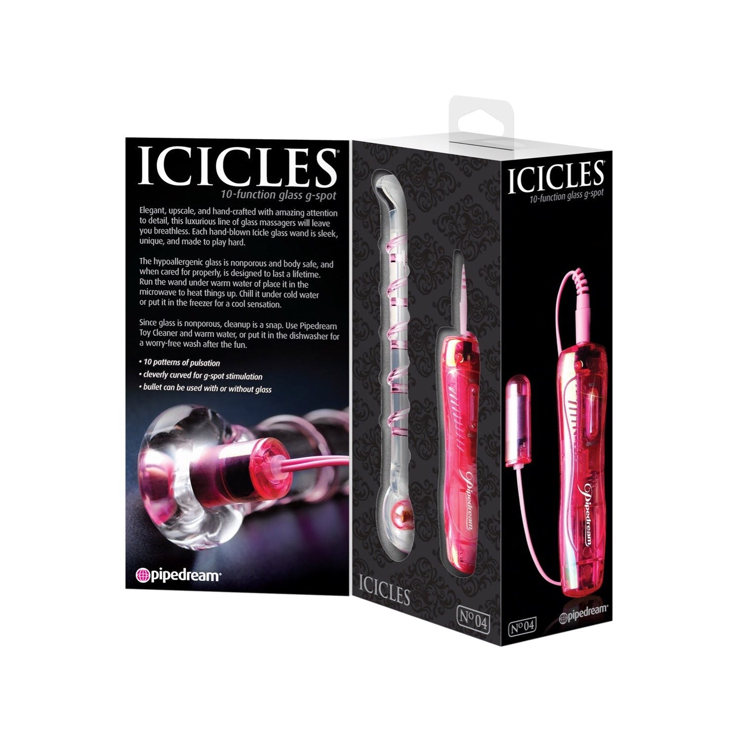 Icicles No. 4 - Clear/Pink 7&quot; Glass Dong with Vibrating Bullet by Pipedream