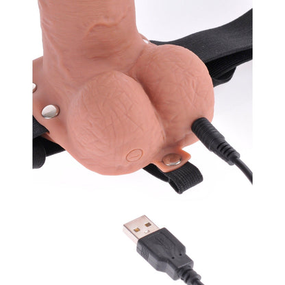 7" Hollow Rechargeable Strap-On with Balls - Tan 17.8 cm Vibrating Hollow Strap-On