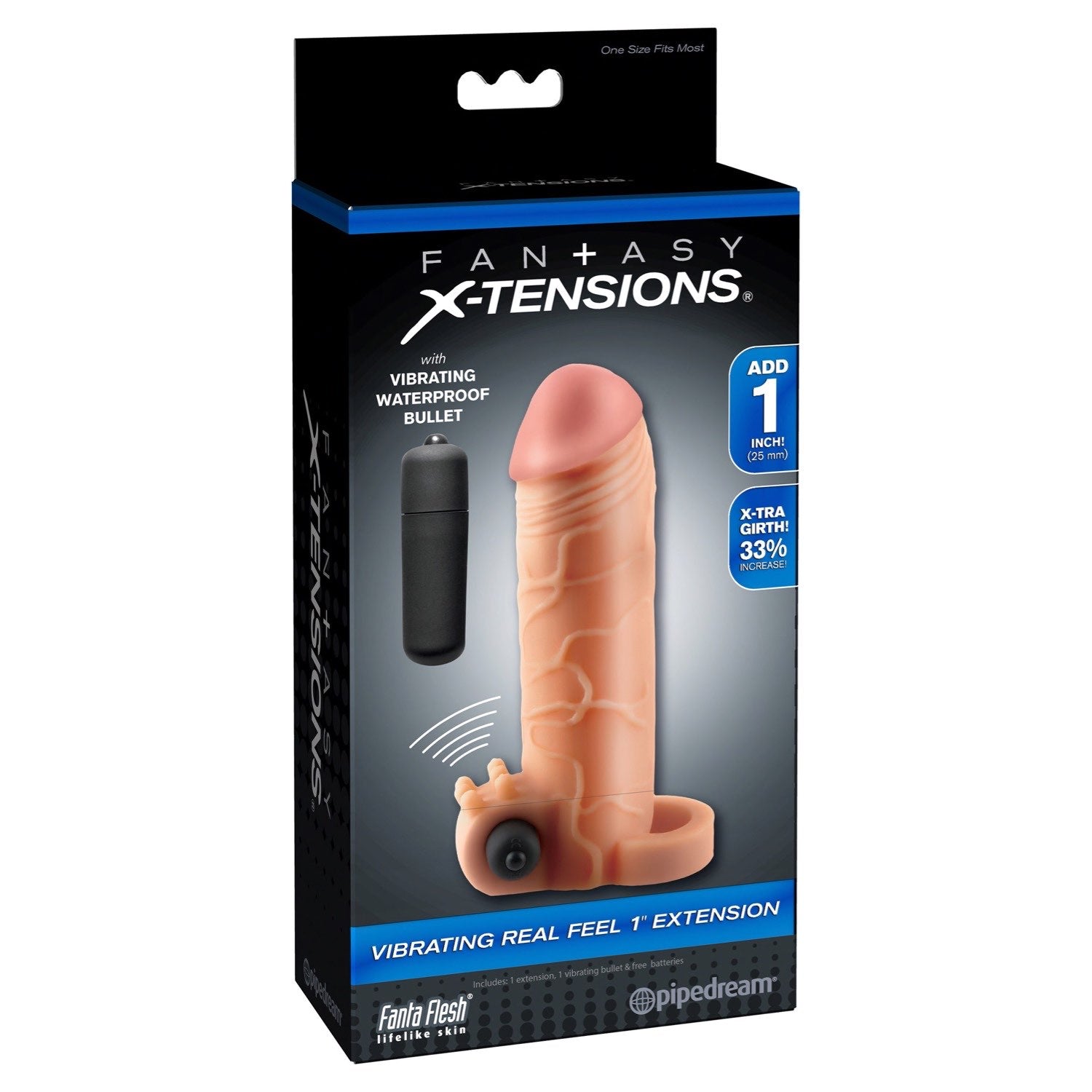 Fantasy X-Tensions Vibrating Real Feel 1&quot; Extension - Flesh Vibrating Penis Extension Sleeve with Ball Strap by Pipedream