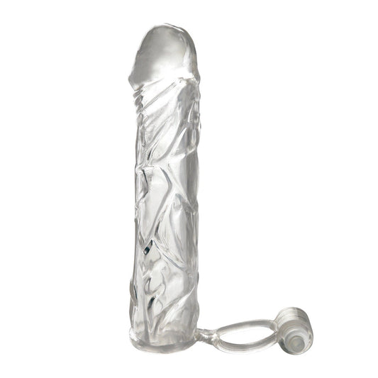 Pipedream Fantasy X-Tensions Vibrating Super Sleeve - Clear Penis Extension Sleeve with Vibrating Ball Strap