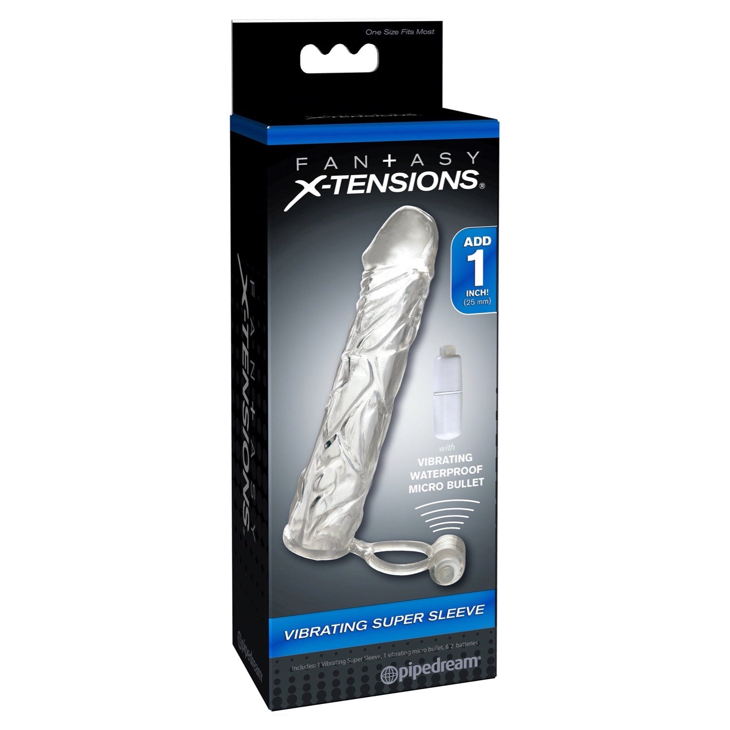 Fantasy X-Tensions Vibrating Super Sleeve - Clear Penis Extension Sleeve with Vibrating Ball Strap by Pipedream