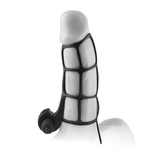Pipedream Fantasy X-Tensions Deluxe Silicone Power Cage - Black Penis Sleeve with Ball Strap &amp; Vibrating Clit Stimulator
