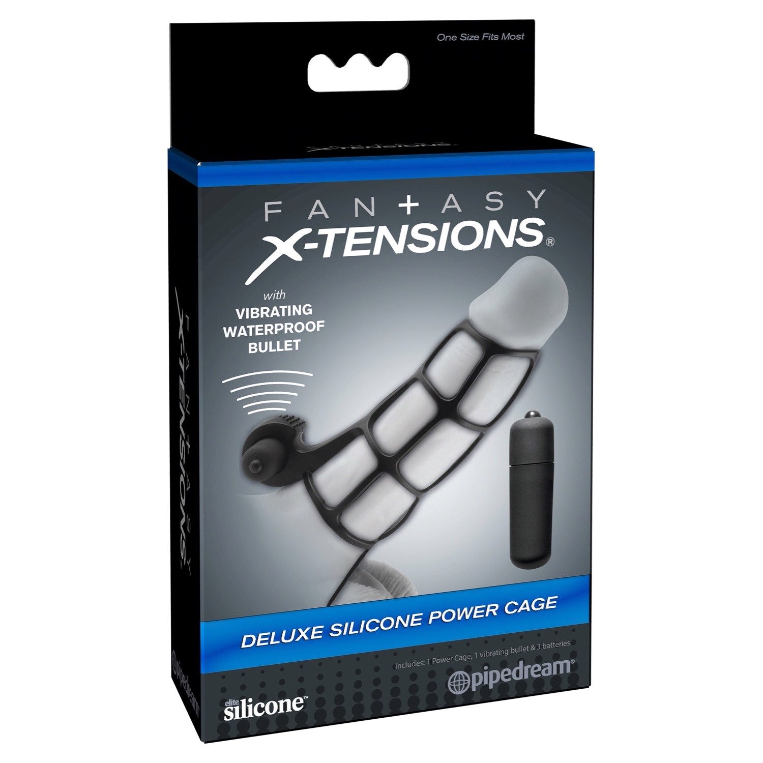 Fantasy X-Tensions Deluxe Silicone Power Cage - Black Penis Sleeve with Ball Strap &amp; Vibrating Clit Stimulator by Pipedream