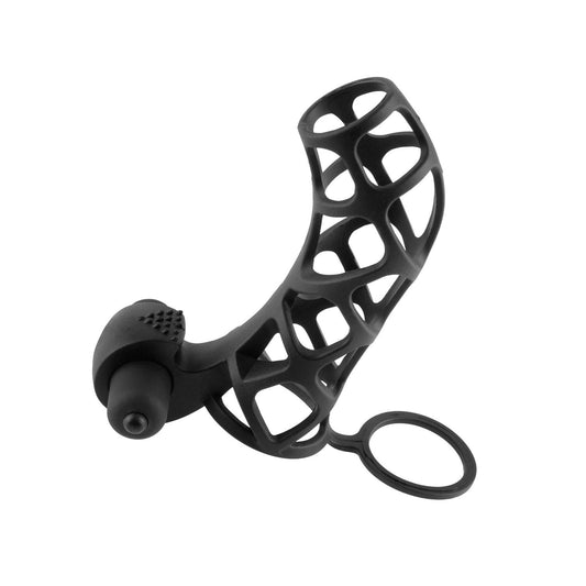 Pipedream Fantasy X-Tensions Extreme Silicone Power Cage - Black Penis Sleeve with Ball Strap &amp; Vibrating Clit Stimulator