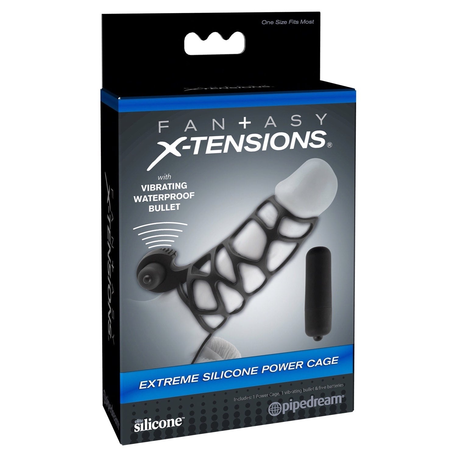 Fantasy X-Tensions Extreme Silicone Power Cage - Black Penis Sleeve with Ball Strap &amp; Vibrating Clit Stimulator by Pipedream