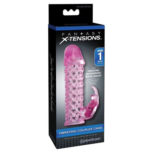 Pipedream Fantasy X-Tensions Vibrating Couples Cage - Pink Penis Extension Sleeve with Vibrating Rabbit Clit Stimulator