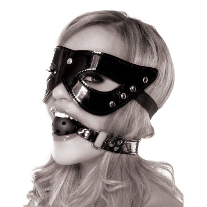 限量版化装舞会面具和口塞球 - 黑色面具和嘴巴约束装置 - 2 件套