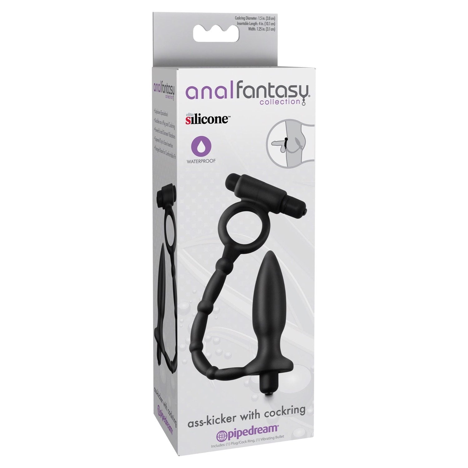 Anal Fantasy Collection Ass-Kicker With Cockring - Black 10.1 cm (4&quot;) Vibrating Butt Plug with Vibrating Cock Ring by Pipedream