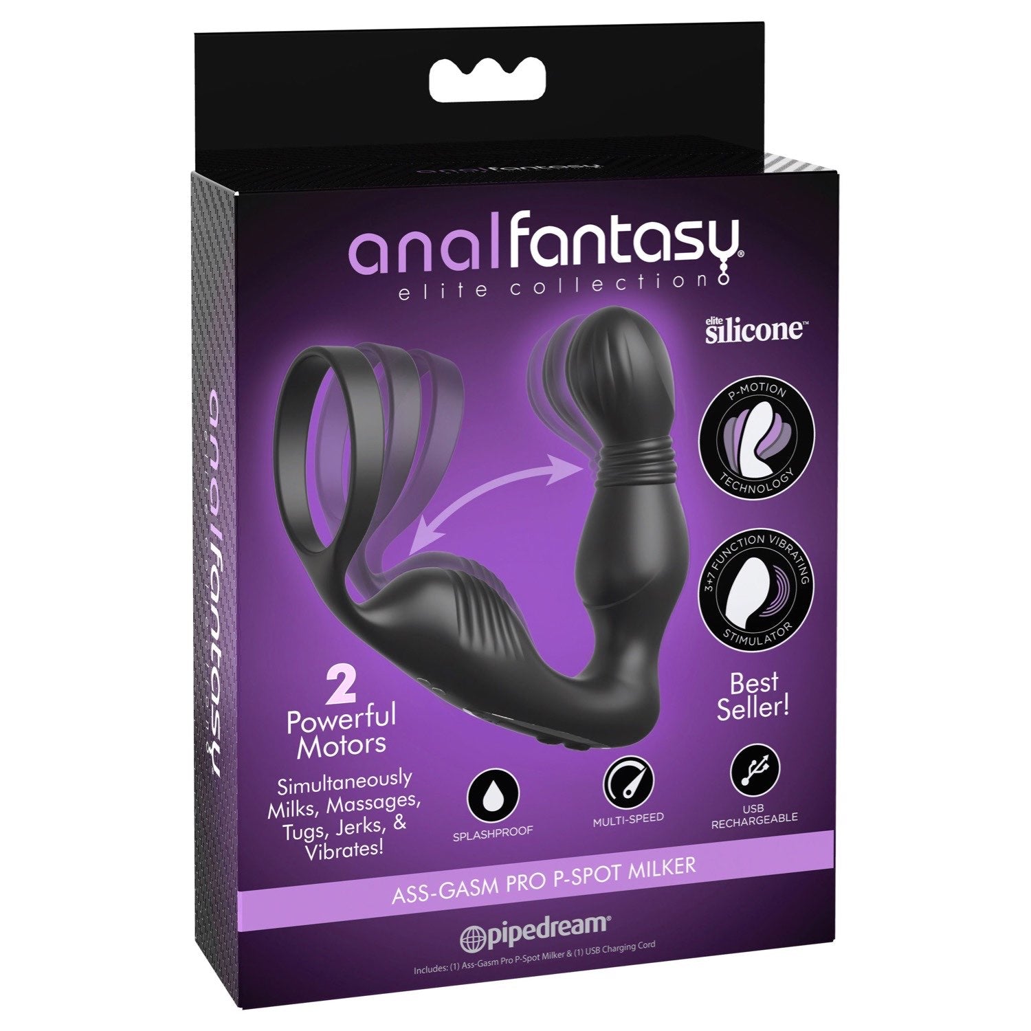 Anal Fantasy Elite Ass-Gasm P-Spot Milker - Black USB Rechargeable Prostate Massage with Cock Ring by Pipedream