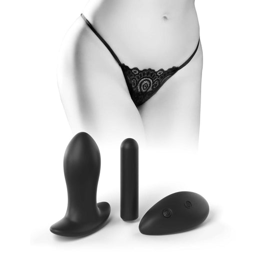 Pipedream HOOKUP Remote Lace Peek-a-Boo - Black Panty with Rechargeable Bullet &amp; Plug - S/L Size