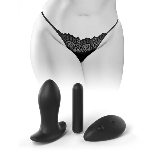 Pipedream HOOKUP Remote Lace Peek-a-Boo - Black Panty with Rechargeable Bullet &amp; Plug - XL/XXL Size