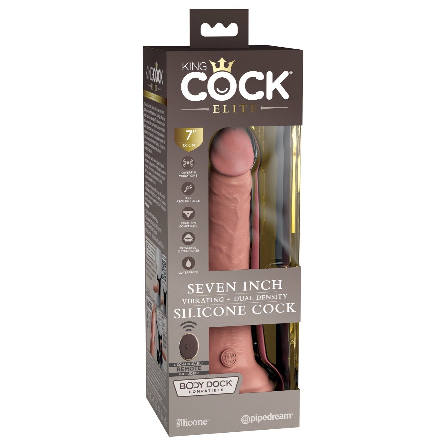 King Cock Elite 7&quot; Vibrating Dual Density Cock with Remote - Flesh 17.8 cm USB Rechargeable Vibrating Dong by Pipedream