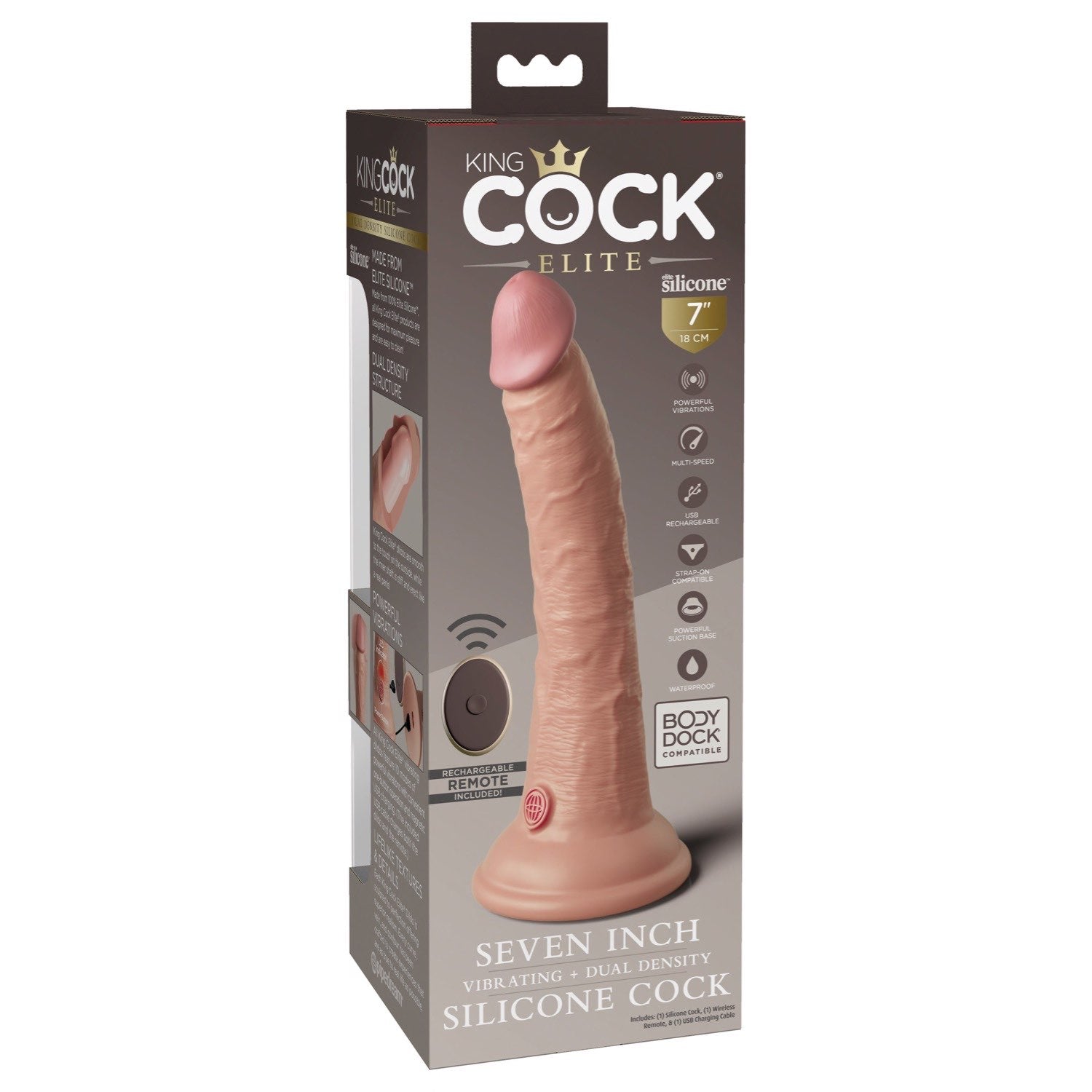 King Cock Elite 7&quot; Vibrating Dual Density Cock with Remote - Flesh 17.8 cm USB Rechargeable Vibrating Dong by Pipedream