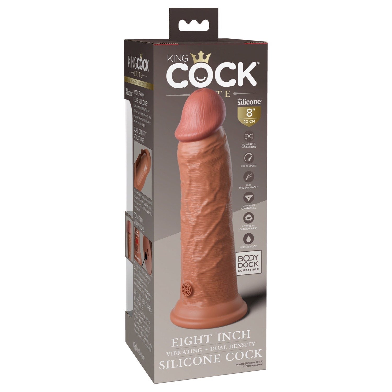King Cock Elite 8&quot; Vibrating Dual Density Cock - Tan - Tan 20.3 cm USB Rechargeable Vibrating Dong by Pipedream