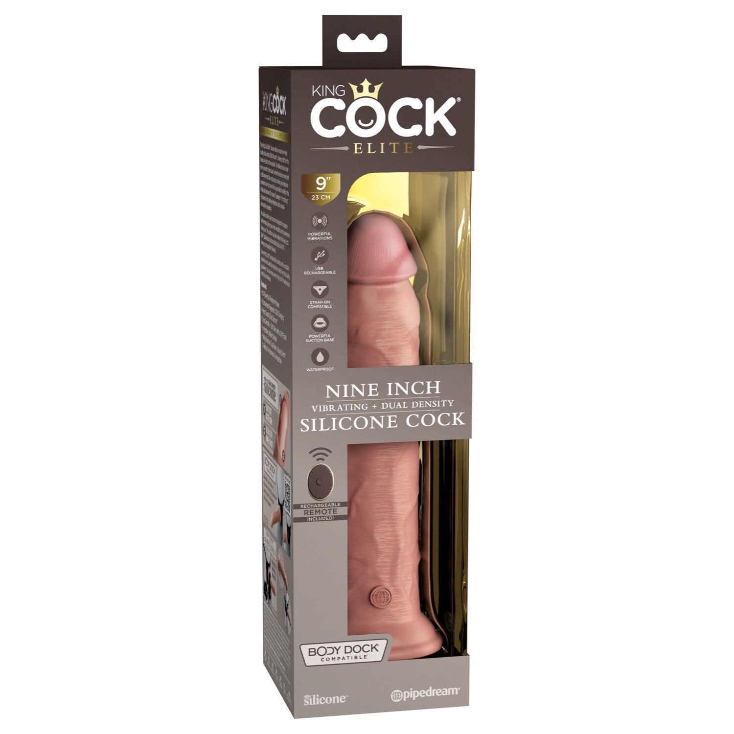 King Cock Elite 9&quot; Vibrating Dual Density Cock with Remote - Flesh 22.9 cm USB Rechargeable Vibrating Dong by Pipedream