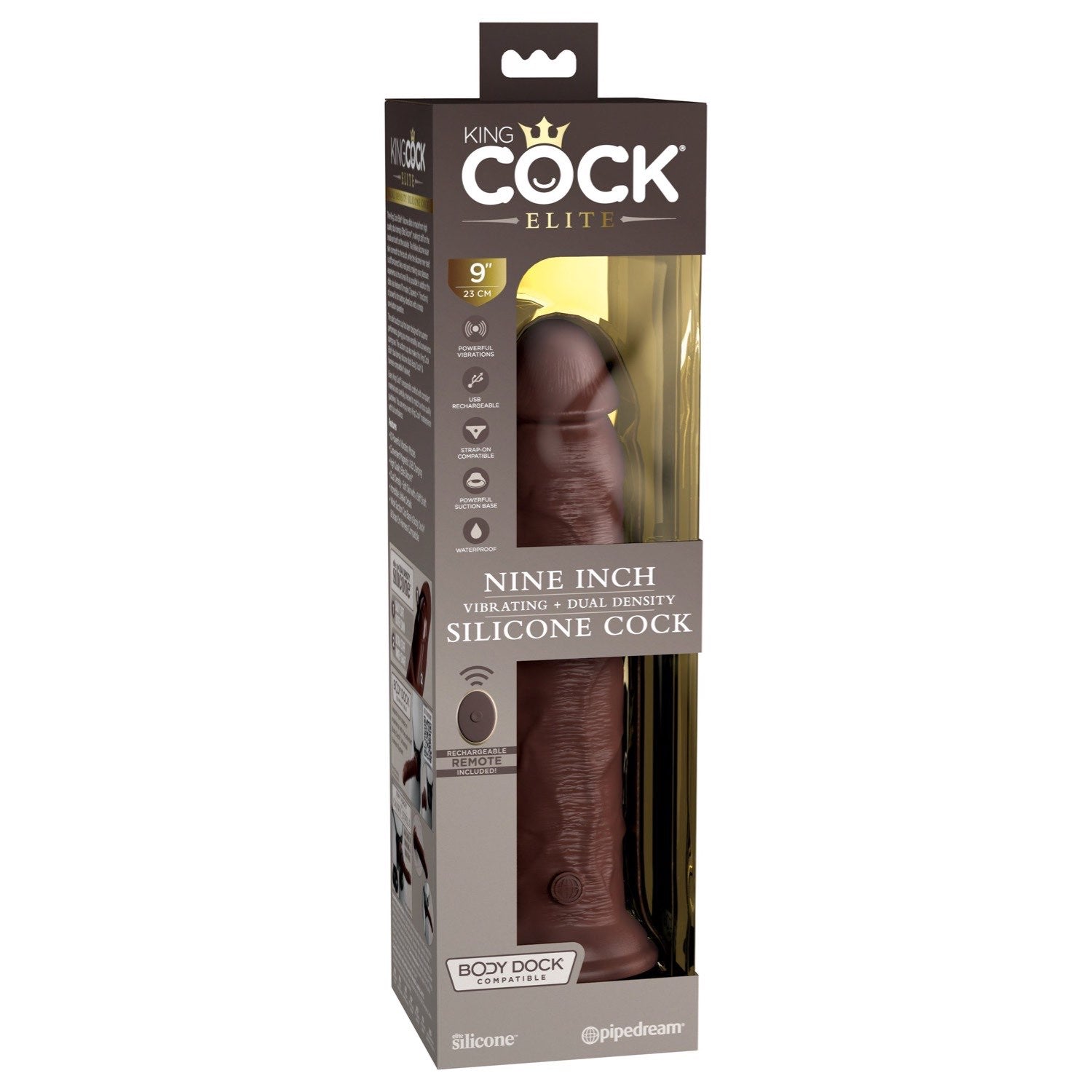 King Cock Elite 9&quot; Vibrating Dual Density Cock with Remote - Brown 22.9 cm USB Rechargeable Vibrating Dong by Pipedream