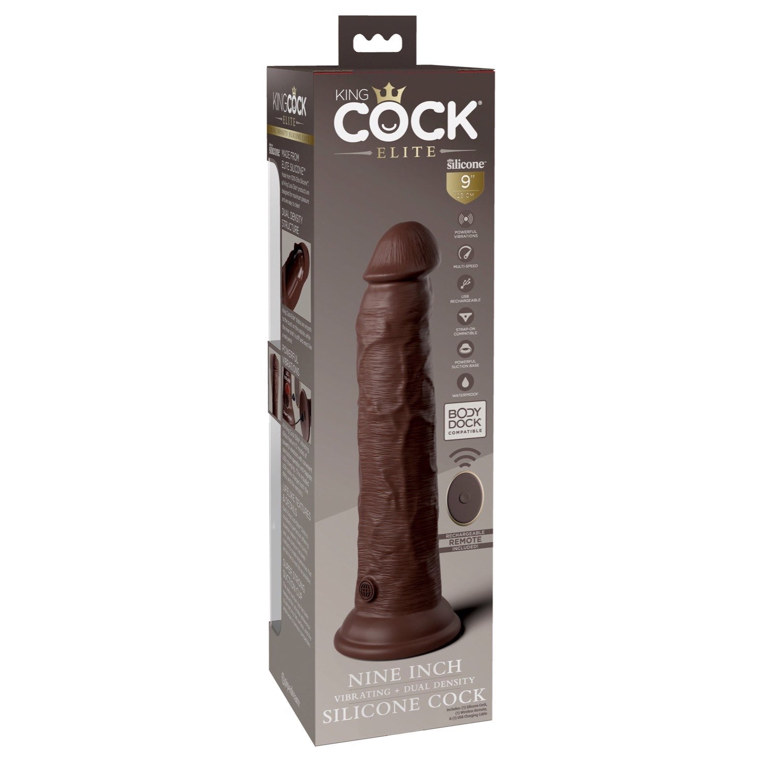 King Cock Elite 9&quot; Vibrating Dual Density Cock with Remote - Brown 22.9 cm USB Rechargeable Vibrating Dong by Pipedream