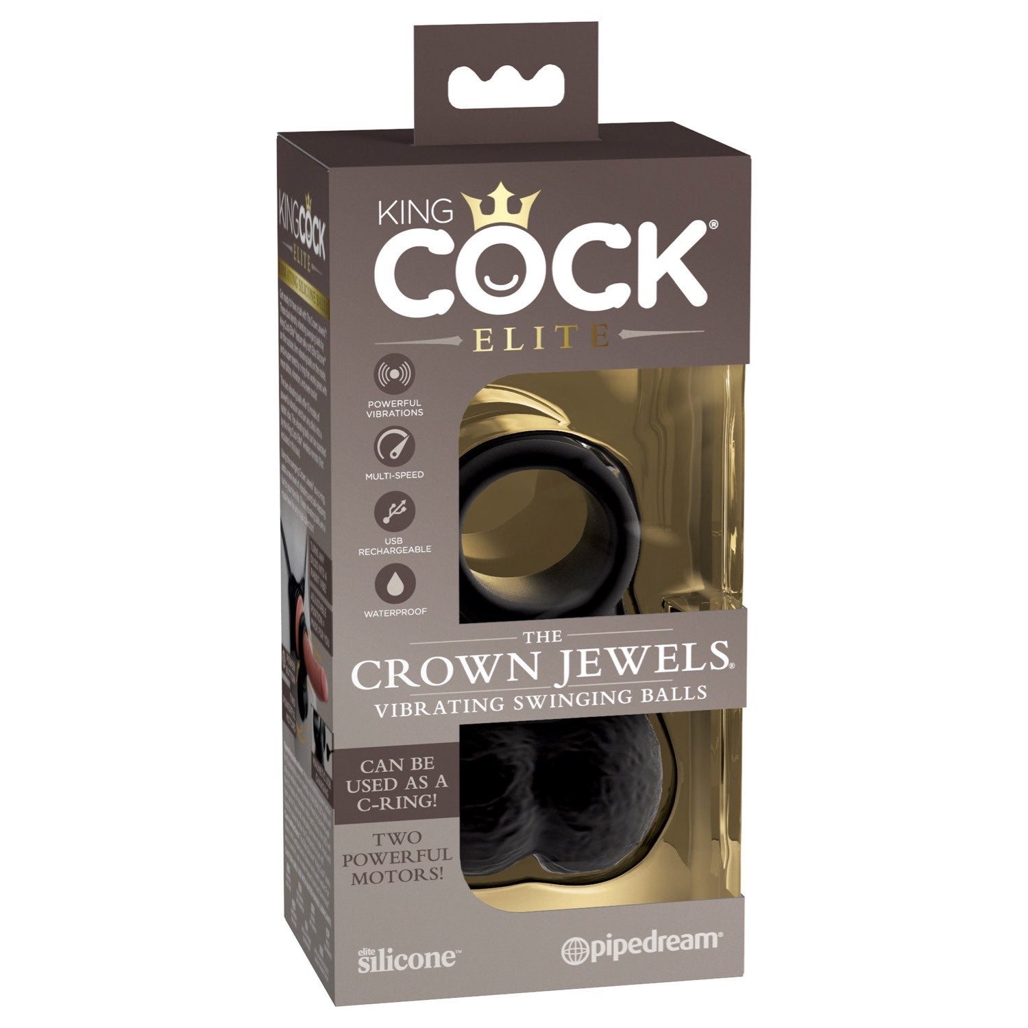 公鸡王 Elite The Crown Jewels 振动硅胶球 - 黑色 USB 可充电振动阴茎环 by Pipedream