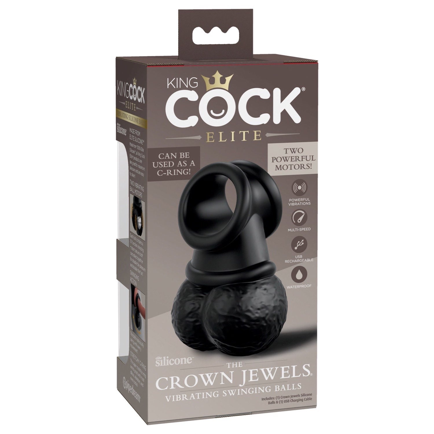 公鸡王 Elite The Crown Jewels 振动硅胶球 - 黑色 USB 可充电振动阴茎环 by Pipedream