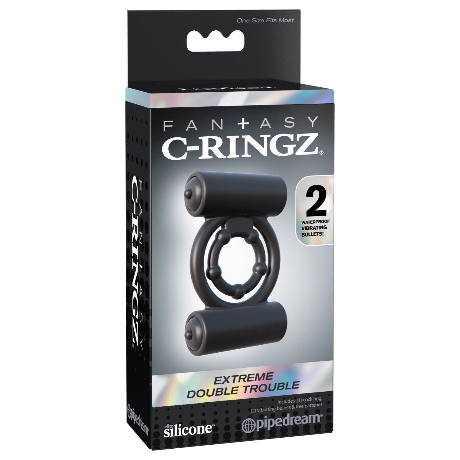 Fantasy C-Ringz Extreme Double Trouble - Black Dual Vibrating Cock &amp; Ball Rings by Pipedream
