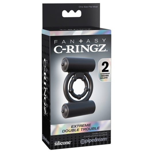 Pipedream Fantasy C-Ringz Extreme Double Trouble - Black Dual Vibrating Cock &amp; Ball Rings