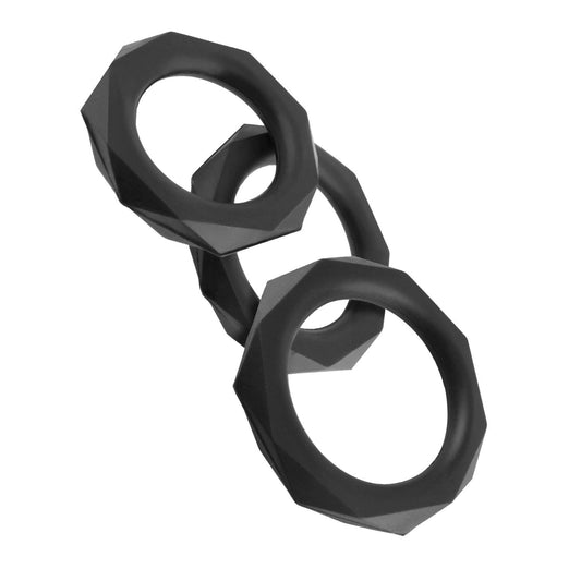 Pipedream काल्पनिक सी-रिंग्ज़ सिलिकॉन डिज़ाइनर स्टैमिना सेट - ब्लैक कॉक रिंग्स - 3 साइज़ का सेट