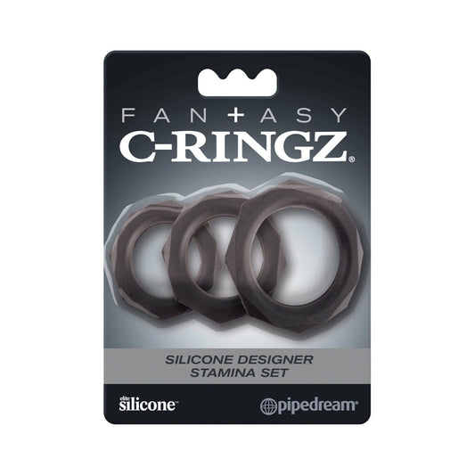 Pipedream Fantasy C-Ringz Silicone Designer Stamina Set - Black Cock Rings - Set of 3 Sizes